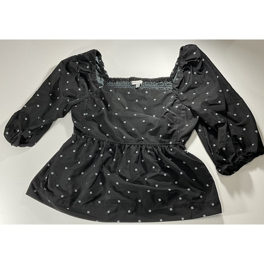 Free Assembly Black Polkadot Puffed Sleeves Casual Stretchy Blouse Women's XL